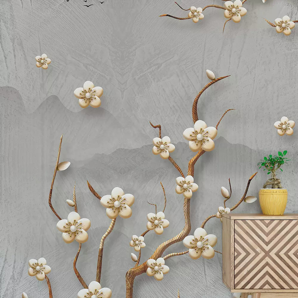 3d mural wallpaper flowers branches with modern gray