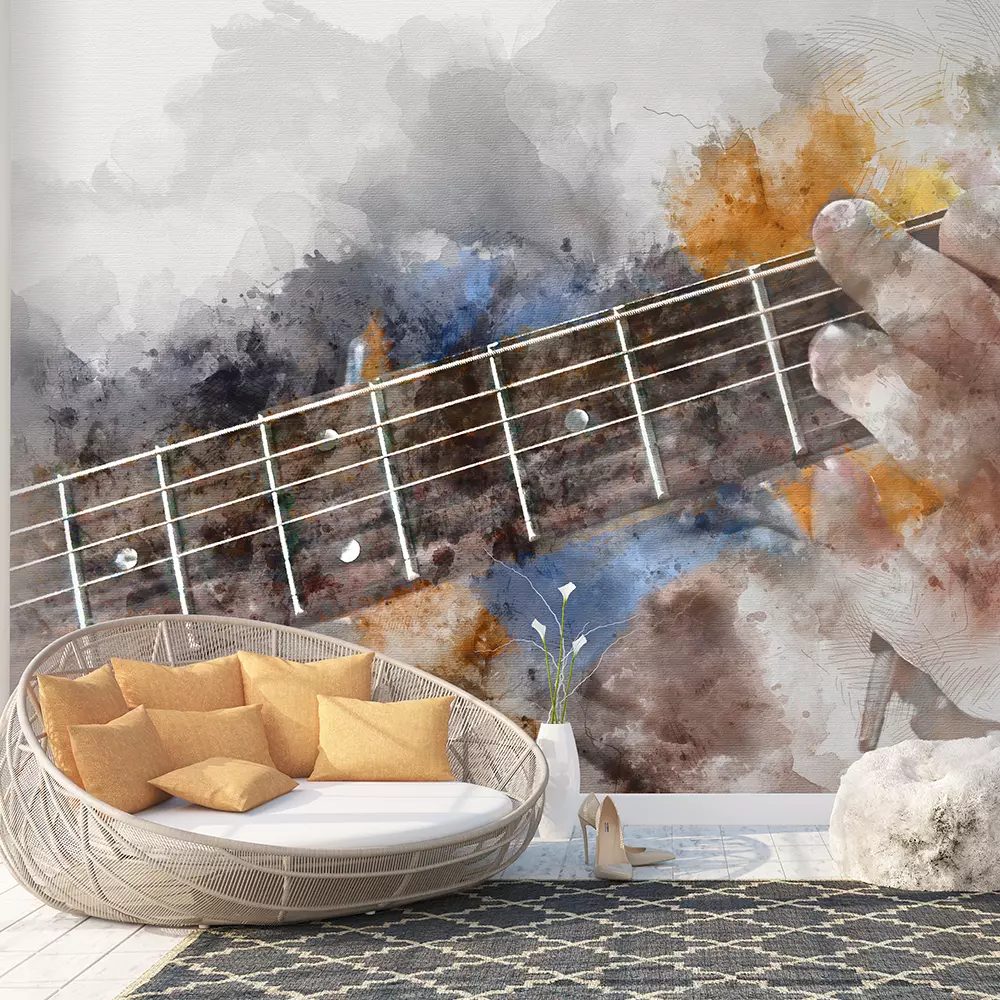 Abstract beautiful man playing acoustic guitar on Watercolor
