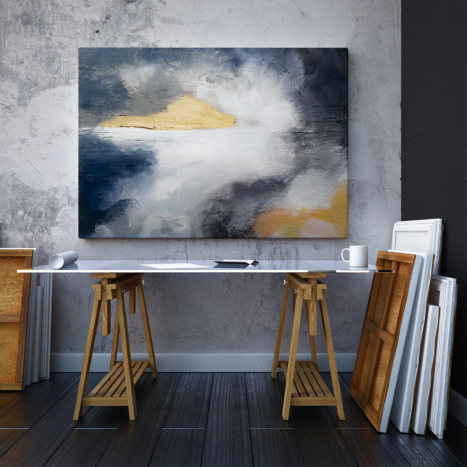 a painting of a white yellow gold blue and black
