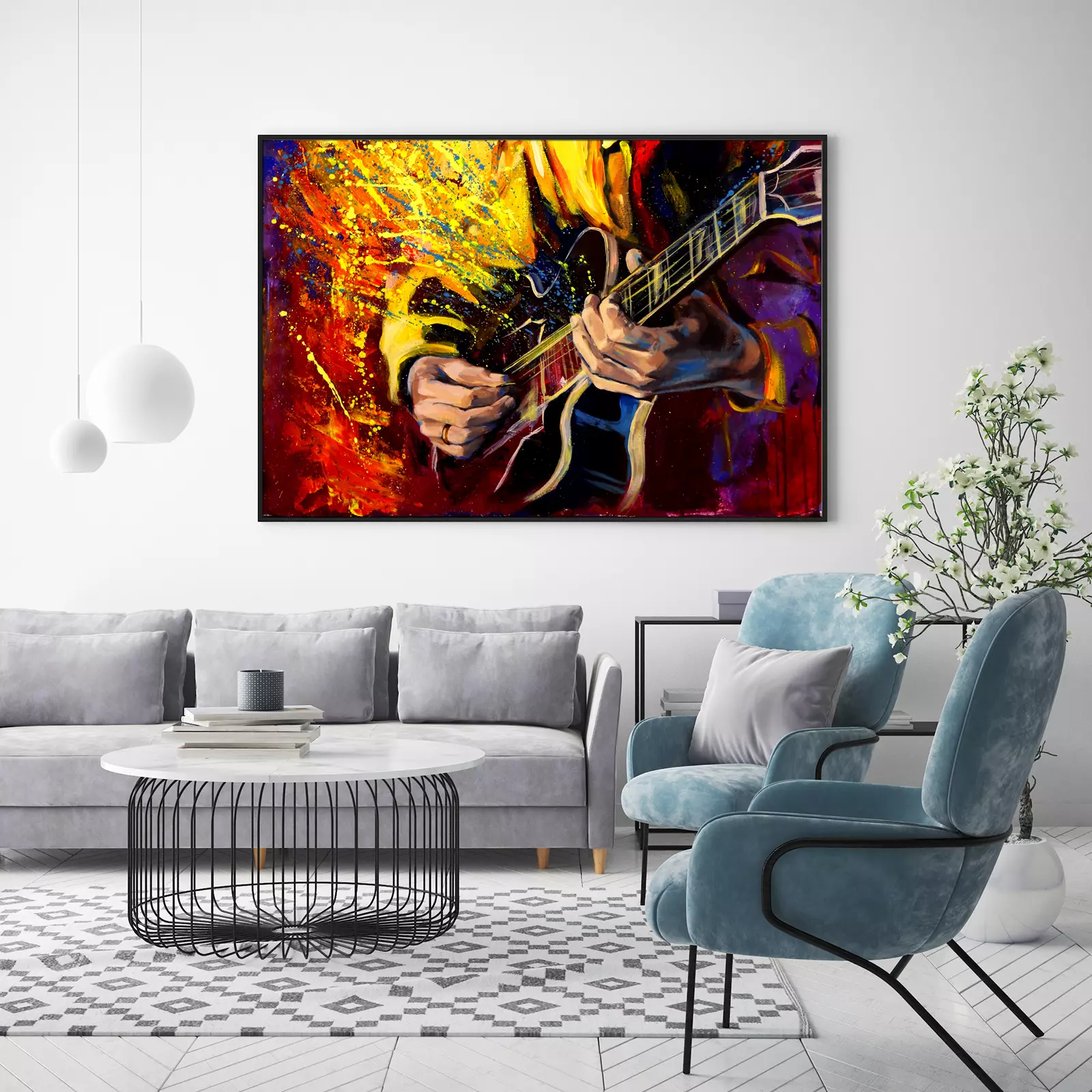 Jazz guitarists hands playing guitar with multicolored