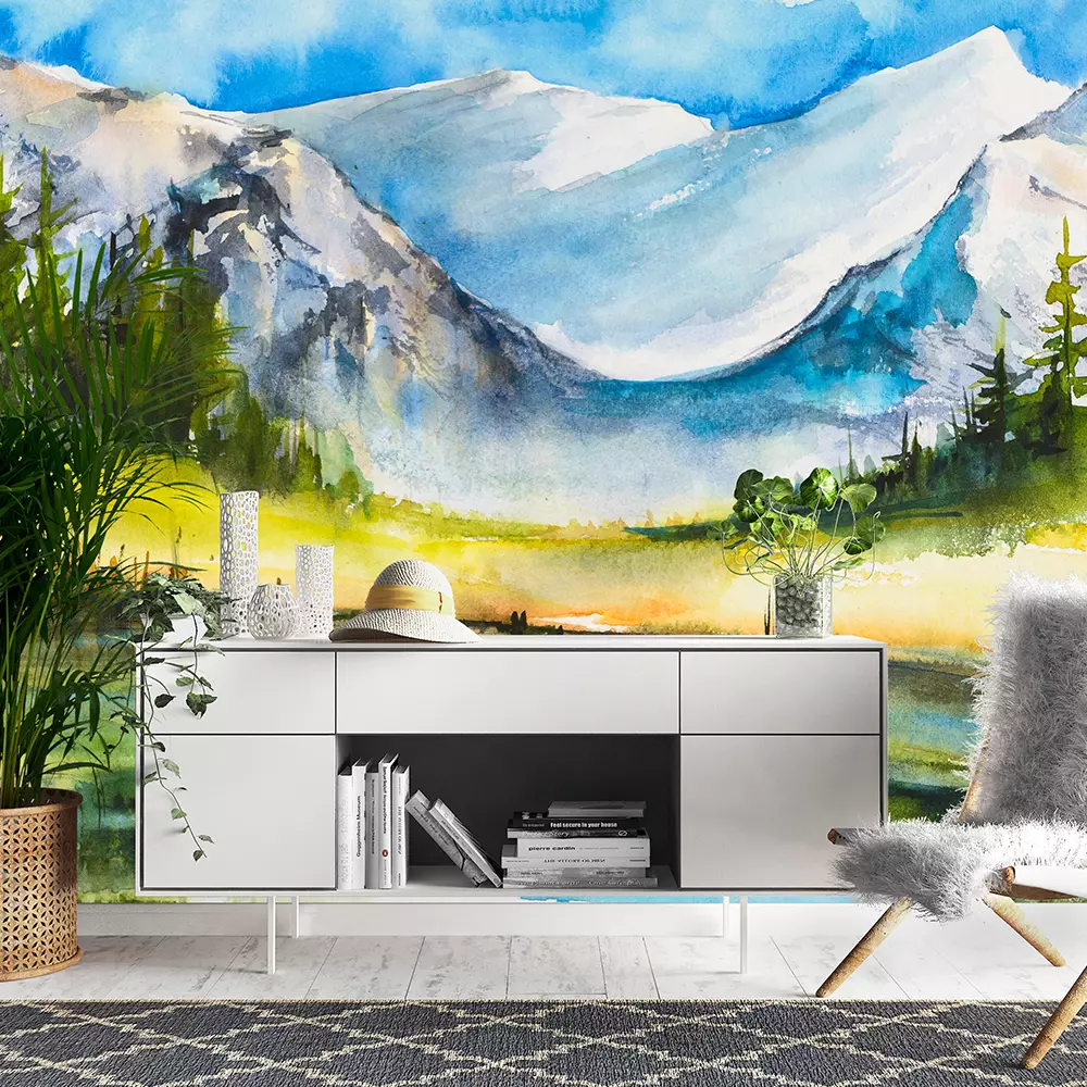 Lake with Mountains Landscape watercolor