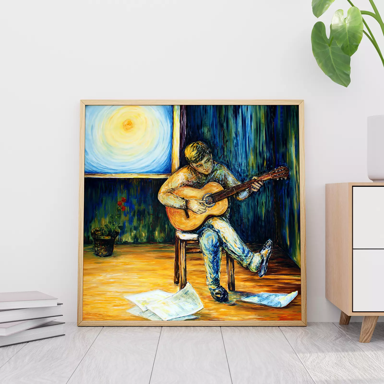 Oil painting of a man playing