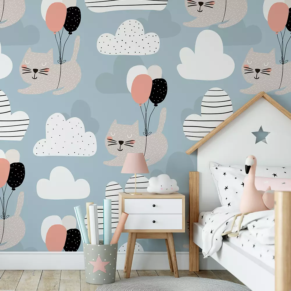 Seamless childish pattern with cute cats flying