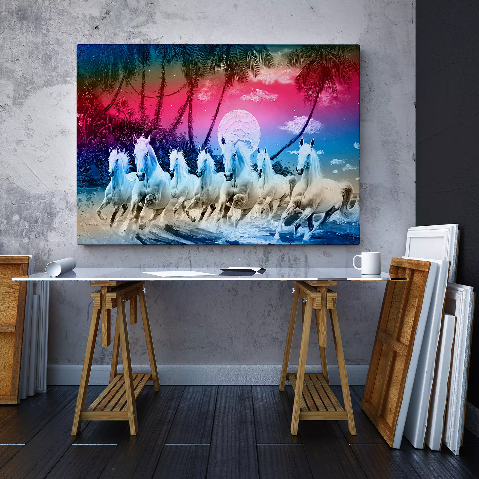 Seven Running horses in colorful background canvas texture - Unframed Canvas Print by Mera Wala Print