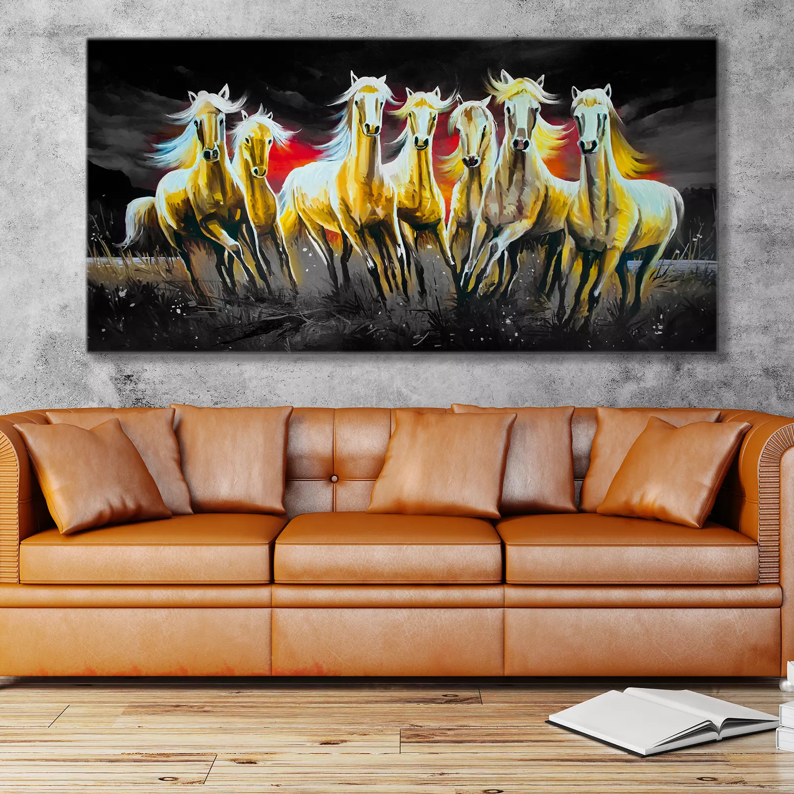 White Seven running horses on decorative - Unframed Canvas Print by Mera Wala Print