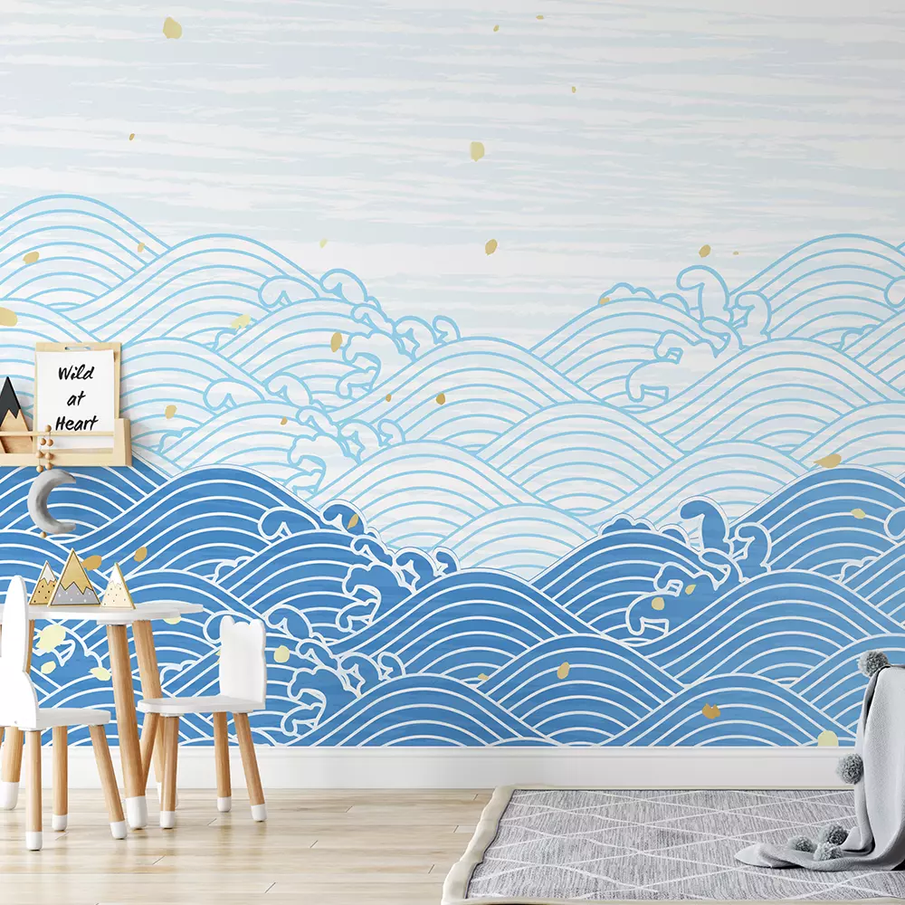 a blue and white background with waves and gold confetti a storybook illustration by Kume Keiichiro context art chillwave wallpaper for kids room mera wala print