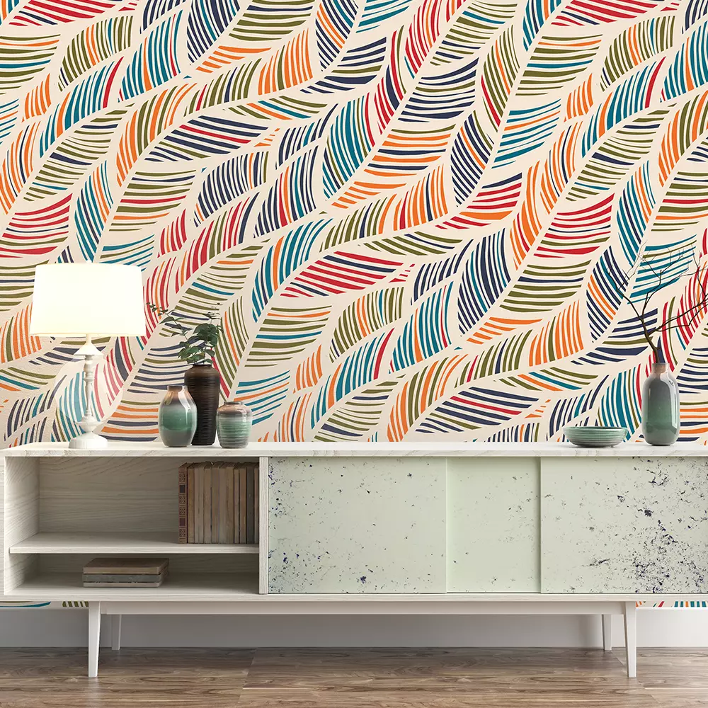 A colorful pattern of wavy lines on a white background