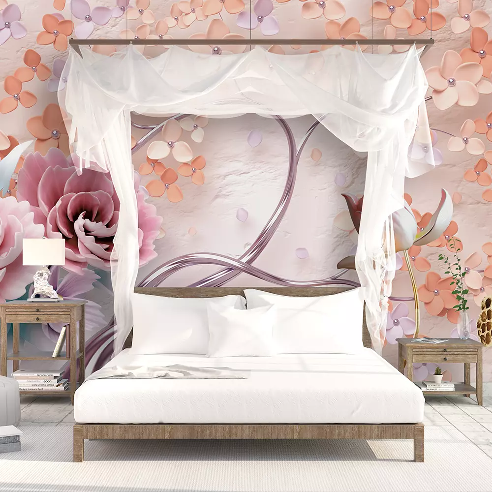 A painting of pink and purple flowers