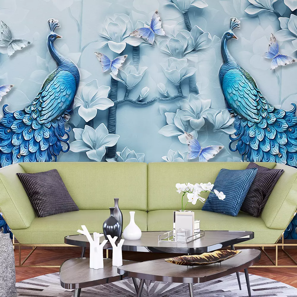 A painting of two blue peacocks