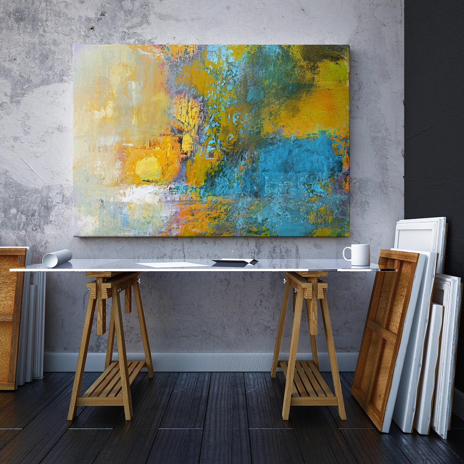 abstract original painting on canvas, sun ball in yellow and turquoise