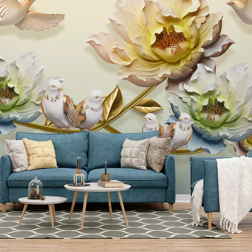 illustration of colorful flowers birds butterflies