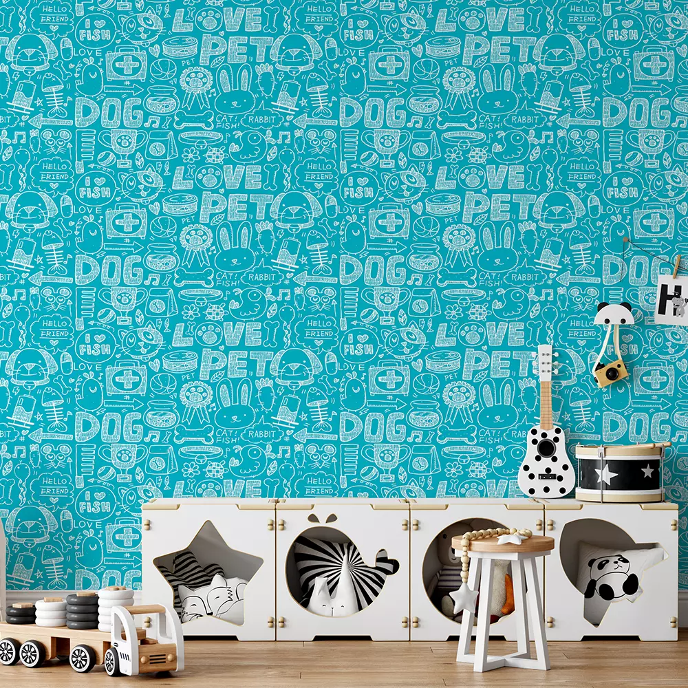 a blue and white pattern with words