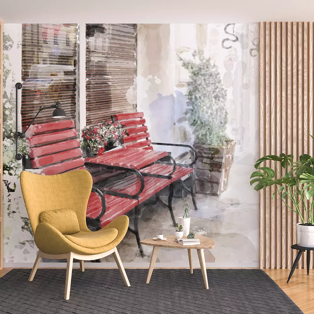 watercolor illustration of red bench