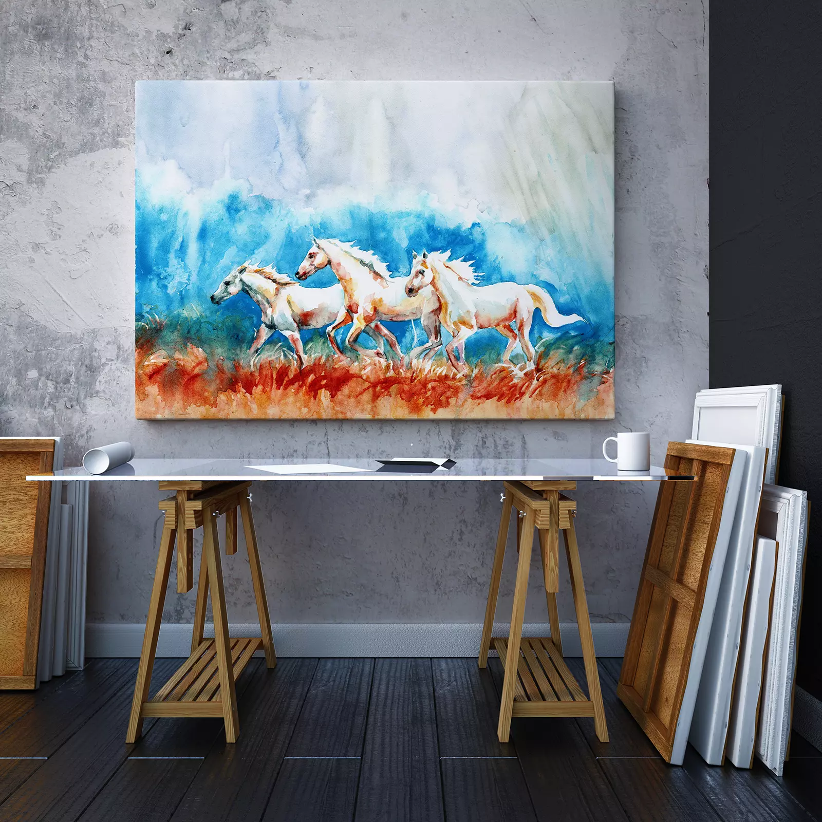 watercolor portrait of three white horses running