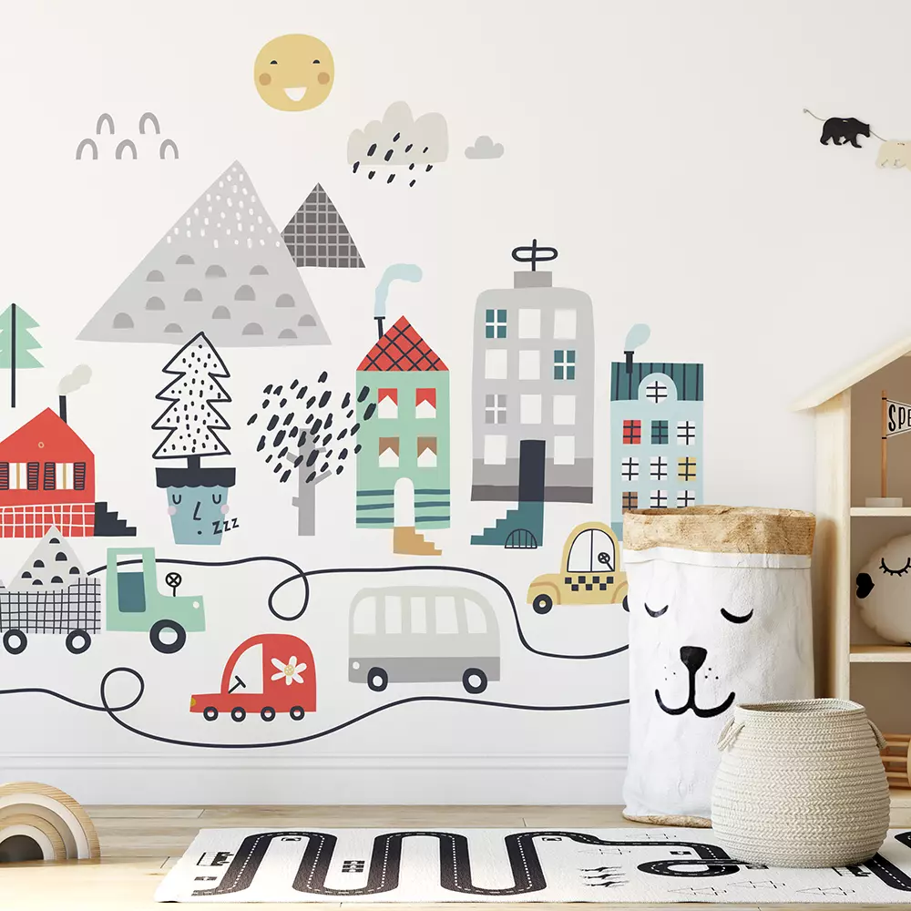Cartoon city print Childish vector
