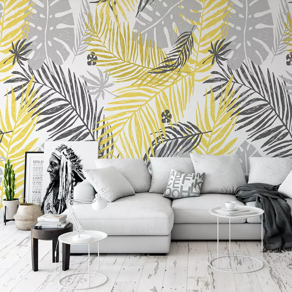 yellow gray palm leaves on white background.
