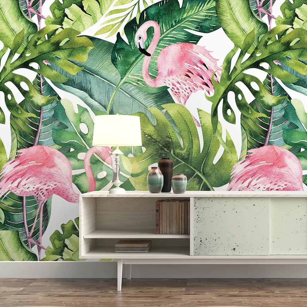 Tropical isolated seamless pattern with flamingo.