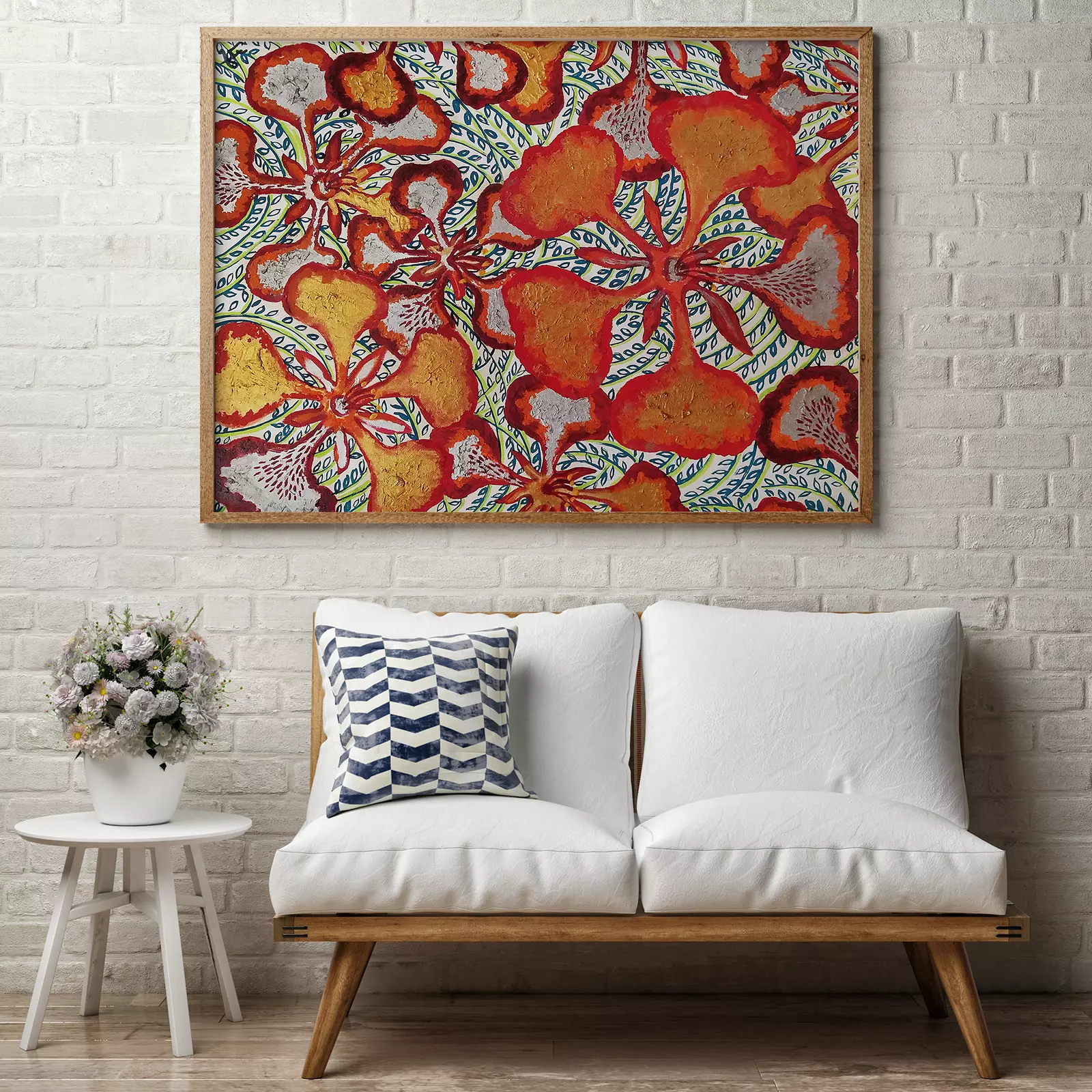 A painting of red and yellow flowers