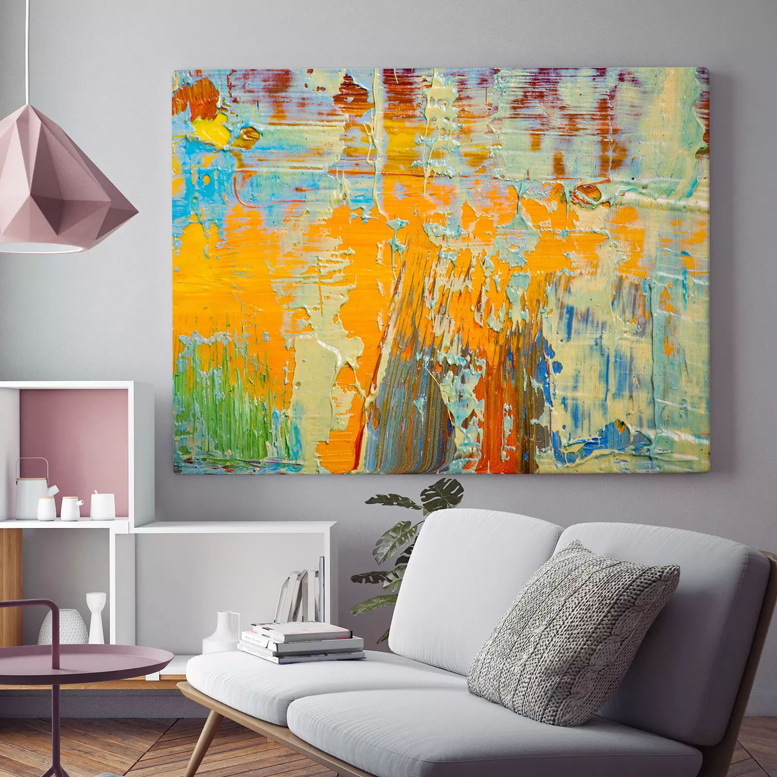 abstract painting of orange, yellow, and blue colors