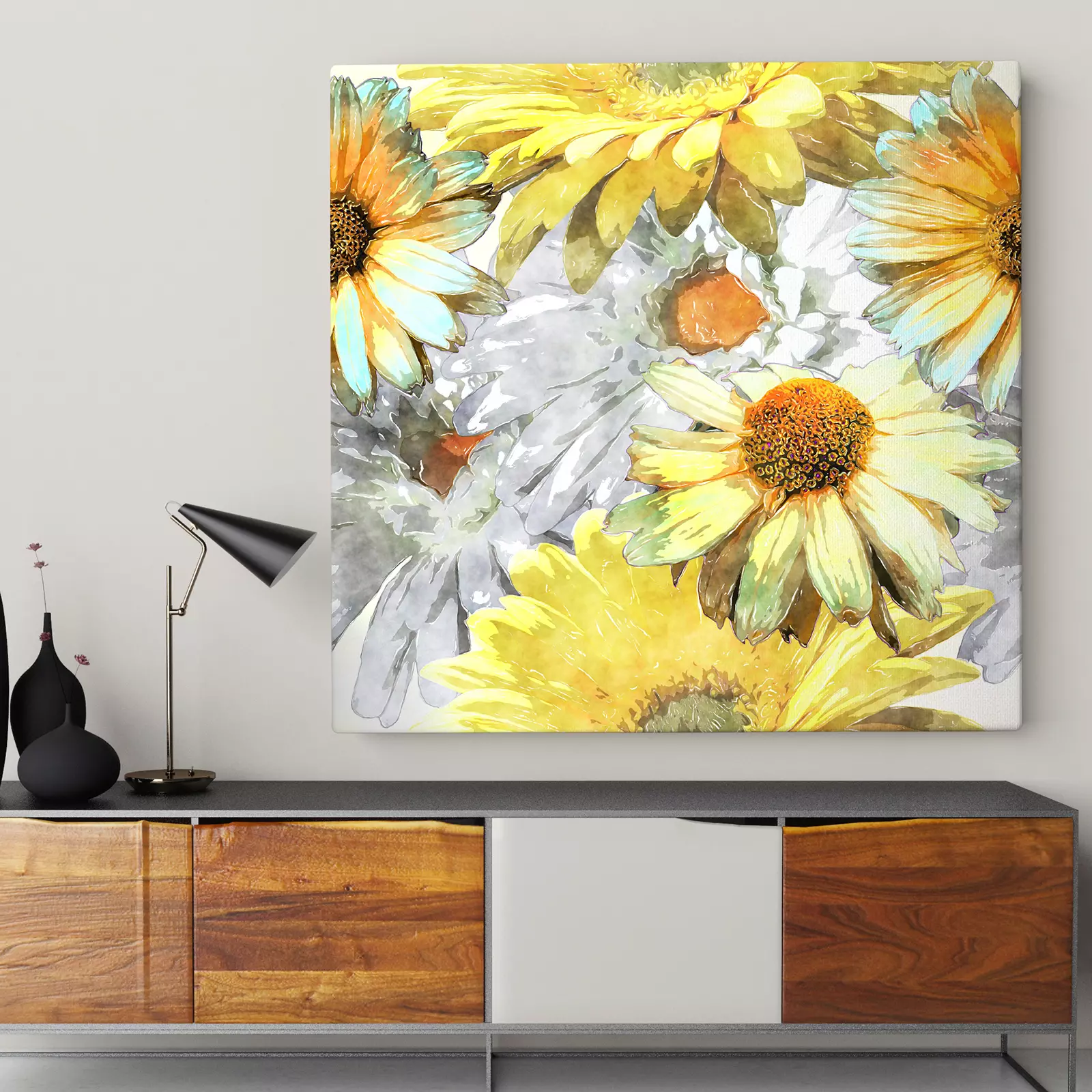 Vintage art of watercolor floral seamless pattern with asters and chamomile or leaves and grasses on the background