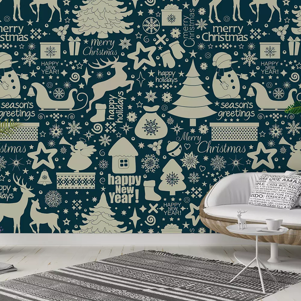 Christmas seamless pattern with holiday inscriptions and elements on blue background