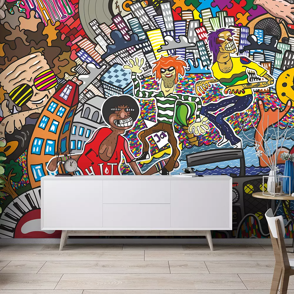 Music collage on a large brick wall