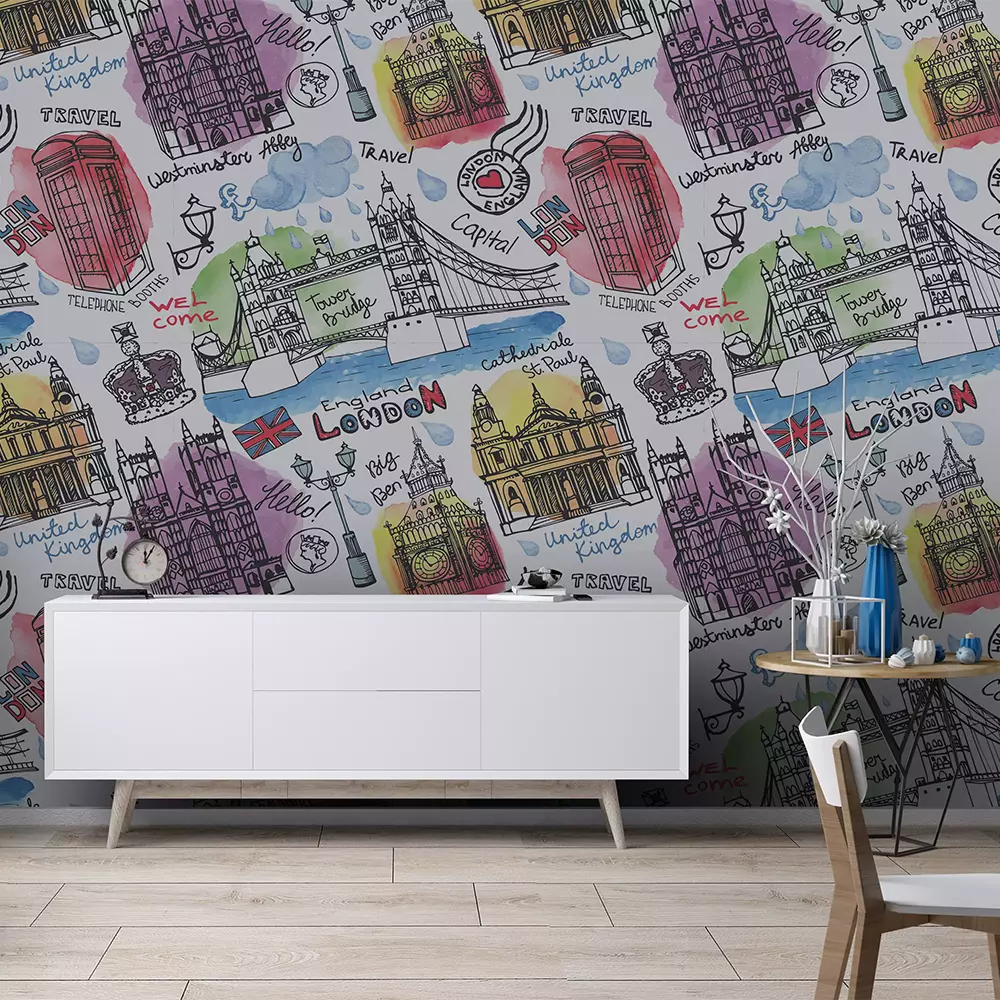 Vector London landmark seamless pattern.Vector London Watercolor splash Doodle Hand drawn