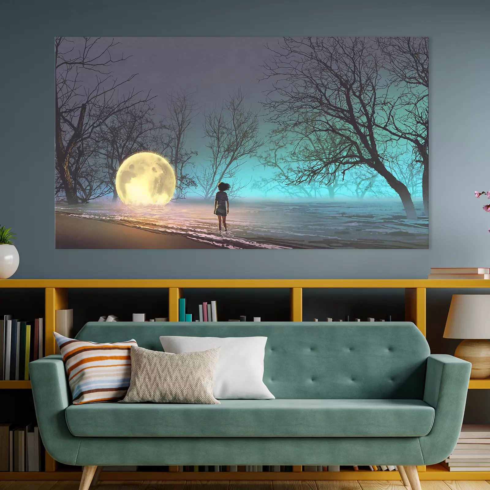Young woman looking at the fallen moon